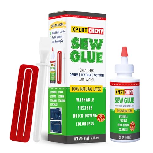 XPERTCHEMY Fabric Glue Permanent Adhesive with 100% Natural Latex Washable Adhesive for Clothing, Patches, Leather, Cotton, Denim, Polyester, Flannel, and All Fabrics (2 fl. oz.)