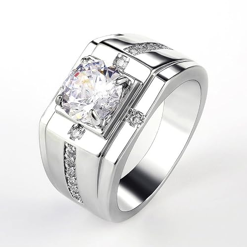 925 Sterling Silver Plated Gemstone Rings Pave CZ Princess Cut for Mens Cubic Zirconia Eternity Engagement Wedding Band Statement Ring for Men's Size 10#