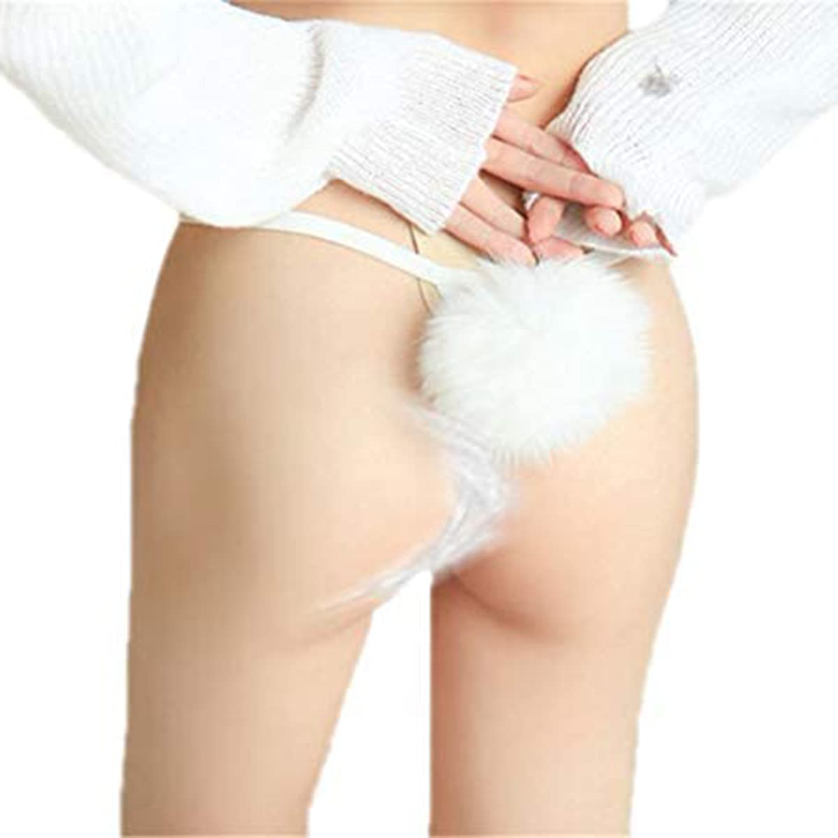 ADESUGATA Womens Thong Pantie Cute Rabbit Tail Low Waist G-String Fur Ball Solid Bikini T-Back Cosplay Bunny Girl Underwear: 0-1 Blakc,white