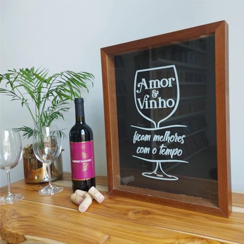 Quadro Porta Rolhas de Vinho Decorativo em Madeira e Vidro 42x32cm Para Tampas de Rolhas Amor e Vinh
