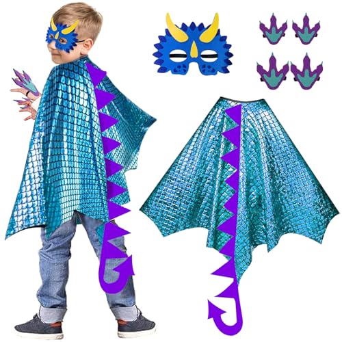 HERMORRYSS Capa dinossauro para crianças, disfarce dinossauro, disfarce dragão azul, fatos de camada de dragão, roupa de terossauro com máscara e garras, conjunto de papéis disfarce para carnaval