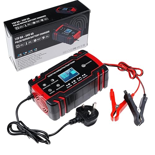 A-DIGISHUO 12V/24V 8A Smart Car Battery Charger – Automatic Trickle Charger, Maintainer & Desulfator for Lead Acid Batteries (Car, Motorcycle, Boat, Lawn Mower, RV, ATV)