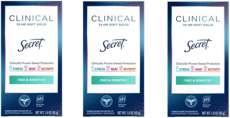Secret Clinical Strength Soft Solid Sensitive Unscented Deodorant, 1.6 oz (Pack of 3)