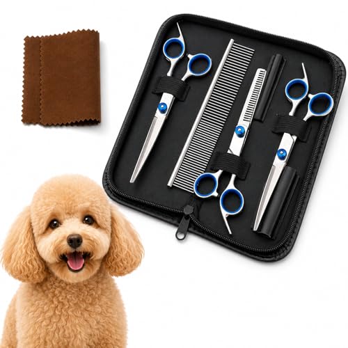 Hundescheren Set Dog Grooming Scissors, 5-in-1 Fellschere Hunde with Safety Round Tips, Premium Stainless Steel Effilierschere Hund & Curved Shears für Hundehaare Schneiden, Silver