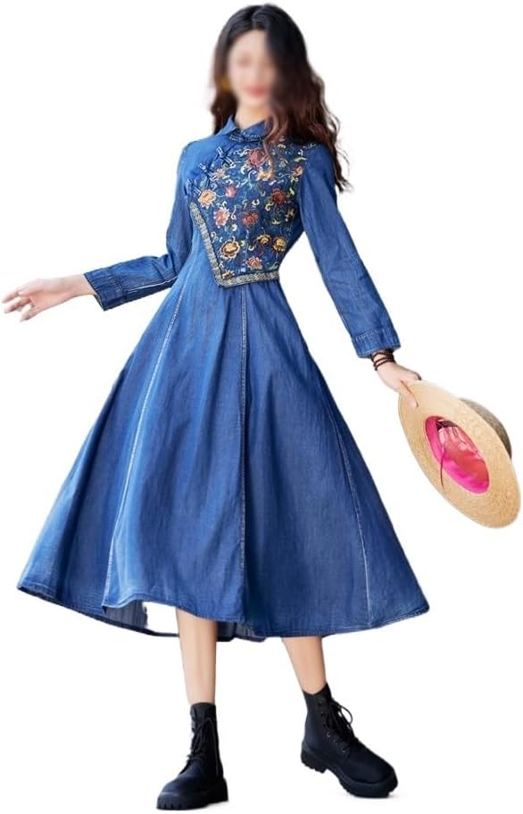 JSEIAJB Autumn/Winter Retro Embroidered Denim Skirt Slim Fit and Slim Handmade Button Dress