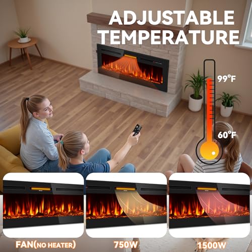 Image of Tehanld 60 inch Ultra-Thin Electric Fireplace Heater, Recessed Wall Mounted | 60-99F Thermostat, 0 /750 /1500W Fast Heating, Child Lock, 12H Timer, Realistic Flame, Log & Crystal for Living Room