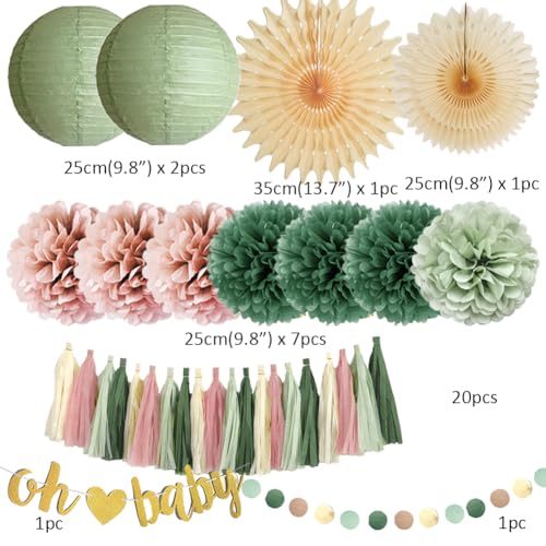 Image of Dusty Pink and Sage Green Baby Shower Decorations Boho Oh Baby Shower Decorations for Girl Dusty Rose and Sage Green Paper Lanterns Pom Poms Beige Fans with Olive Cream Tassel Garland