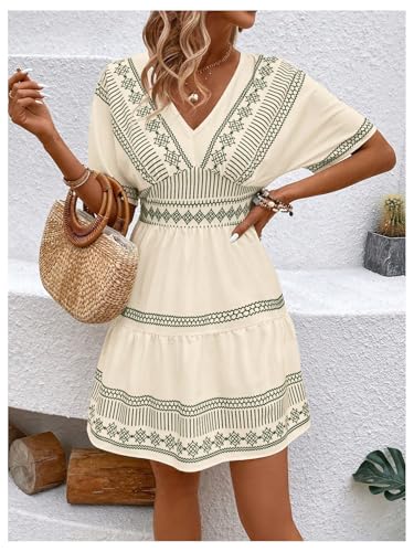 Image of SweatyRocks Women's Printed V Neck Mini Dresses A Line Dolman Short Sleeve Summer Boho Dress