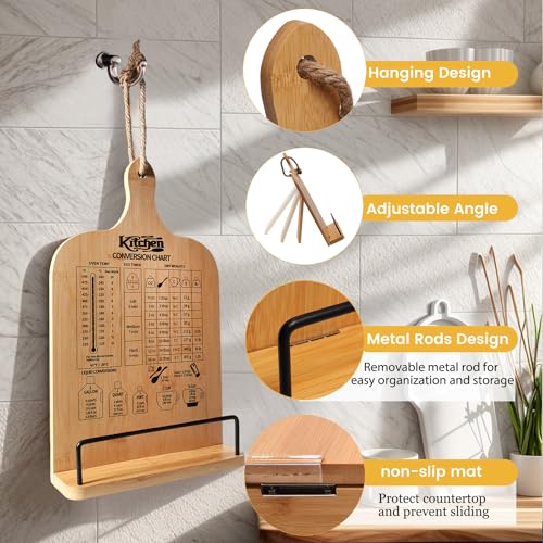 image for Femicgal Cookbook Stand for Kitchen Counter, Bamboo Cookbook Holder, F