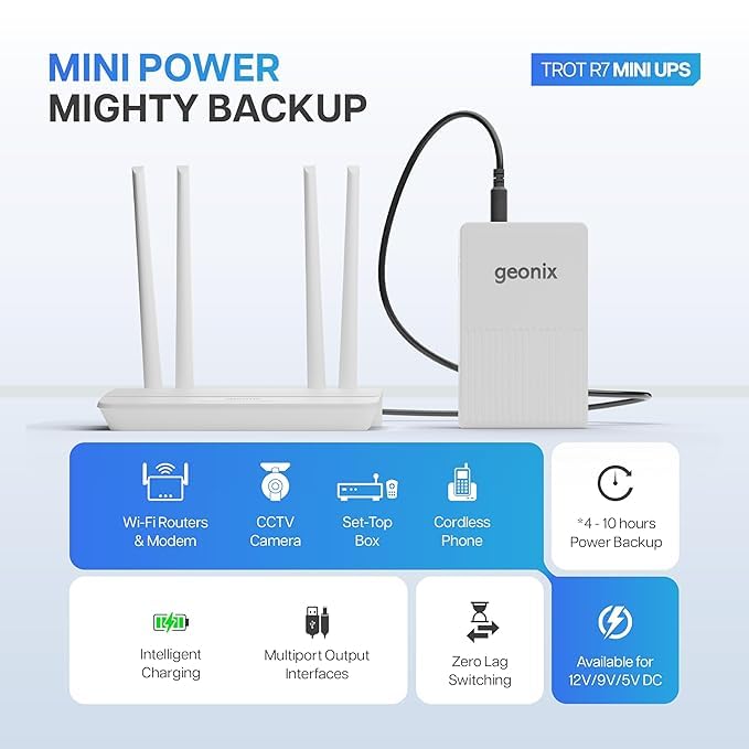 Image of Geonix Trot R7 Mini UPS | Up to 6 Hours Backup | Dual 2000mAh Battery | DC & USB Output | UPS for WiFi Router /Modem /Set top Box Devices White