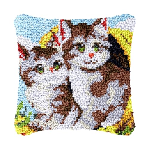 Image of bositigo Cat Latch Hook Pillow Kit for Adults & Kids, DIY Pre-Printed Canvas Craft, 17x17 Inch Decorative Cover for Sofa Cushions, Bedroom Decor (Cat Pattern 23)