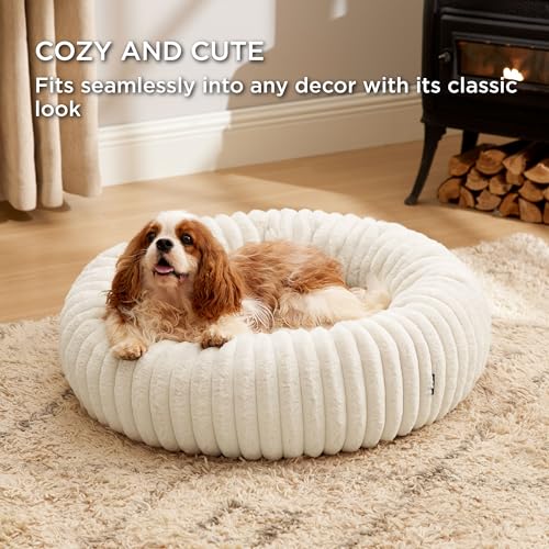 Bedsure Donut Medium Dog Bed - Washable Faux Fur with Corduroy Fleece & Anti Slip Bottom, Round Pet Bed with Removable Cover, Cream, 30x30x8 inches - Image 5