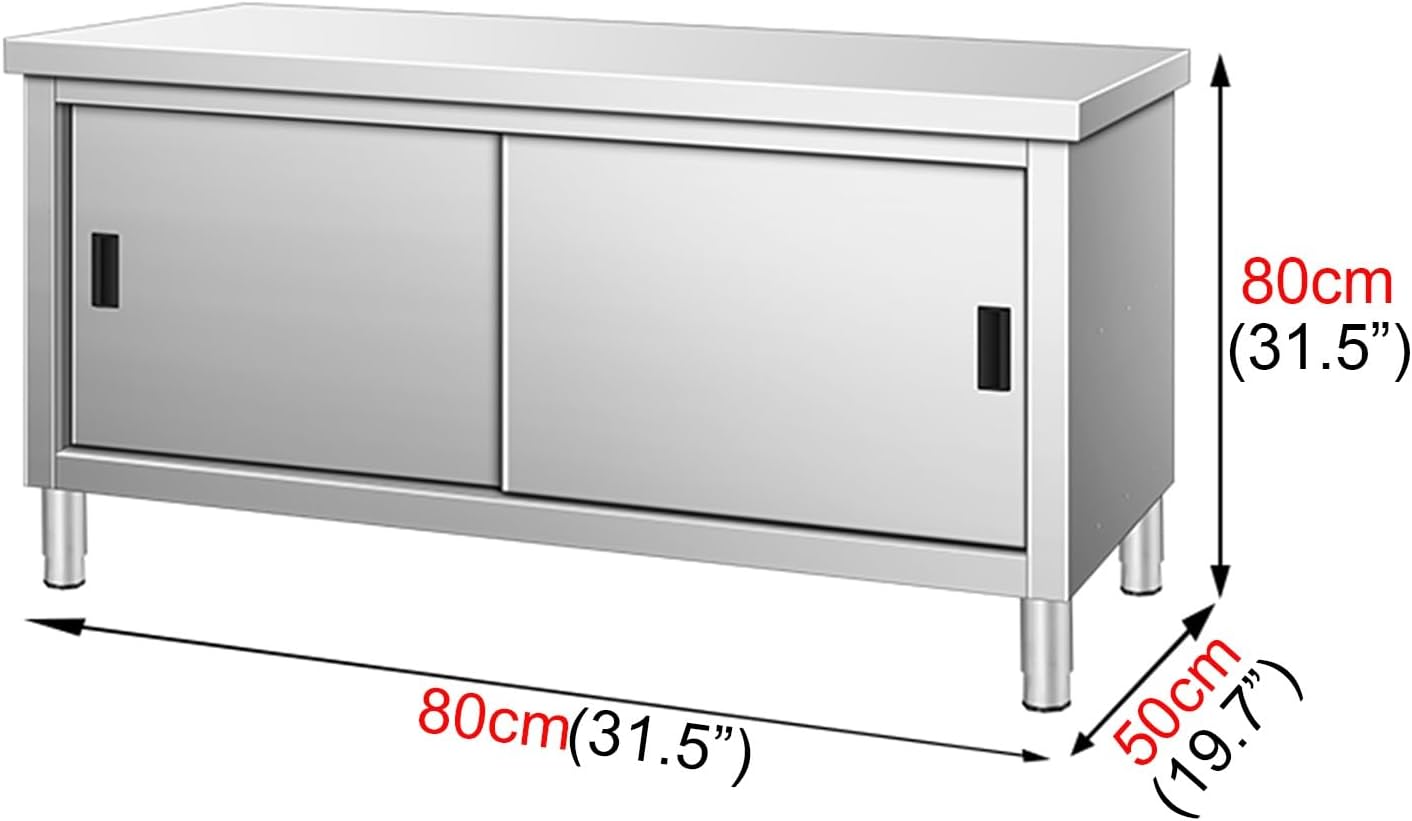Stainless Steel Sliding Door Work Table Commercial Kitchen Prep Table Large Space Countertop Double Storage Cabinet Metal Platform for Cutting Vegetables and Bones(80x50x80cm/31.5x19.7x31.5”)