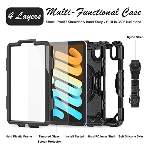 Ipad Mini 6Th Generation 8.3-Inch Case 2021 [With Tempered Glass Screen Protector], Base Mall Shockproof Tablet Protective Case With Pencil Holder, 360° Rotating Kickstand, Hand&Shoulder Strap (Black) #TOP5