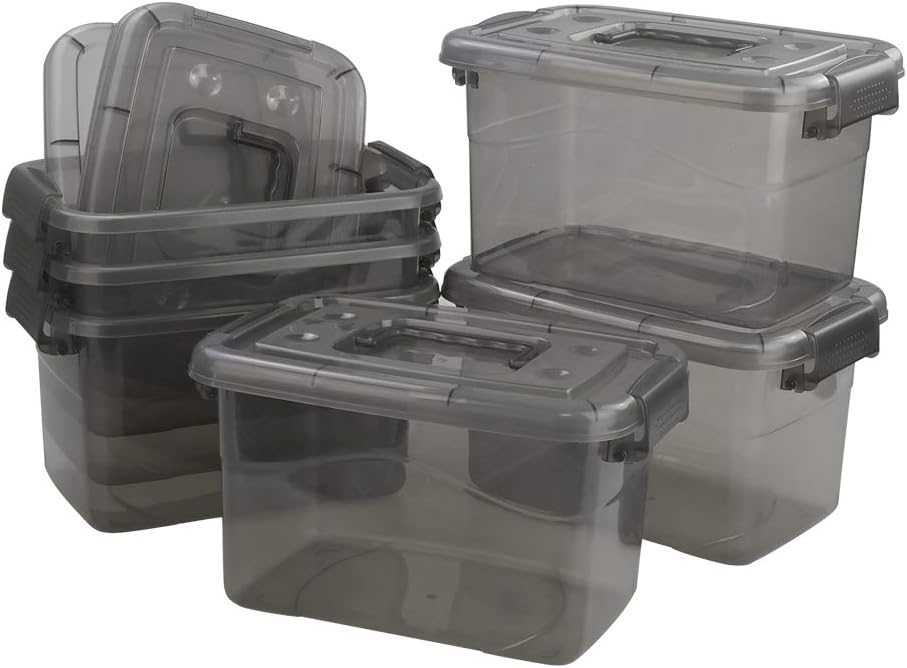 6-pack Plastic Tranparent Grey Boxes, Small Storage Tote Bins with Lids