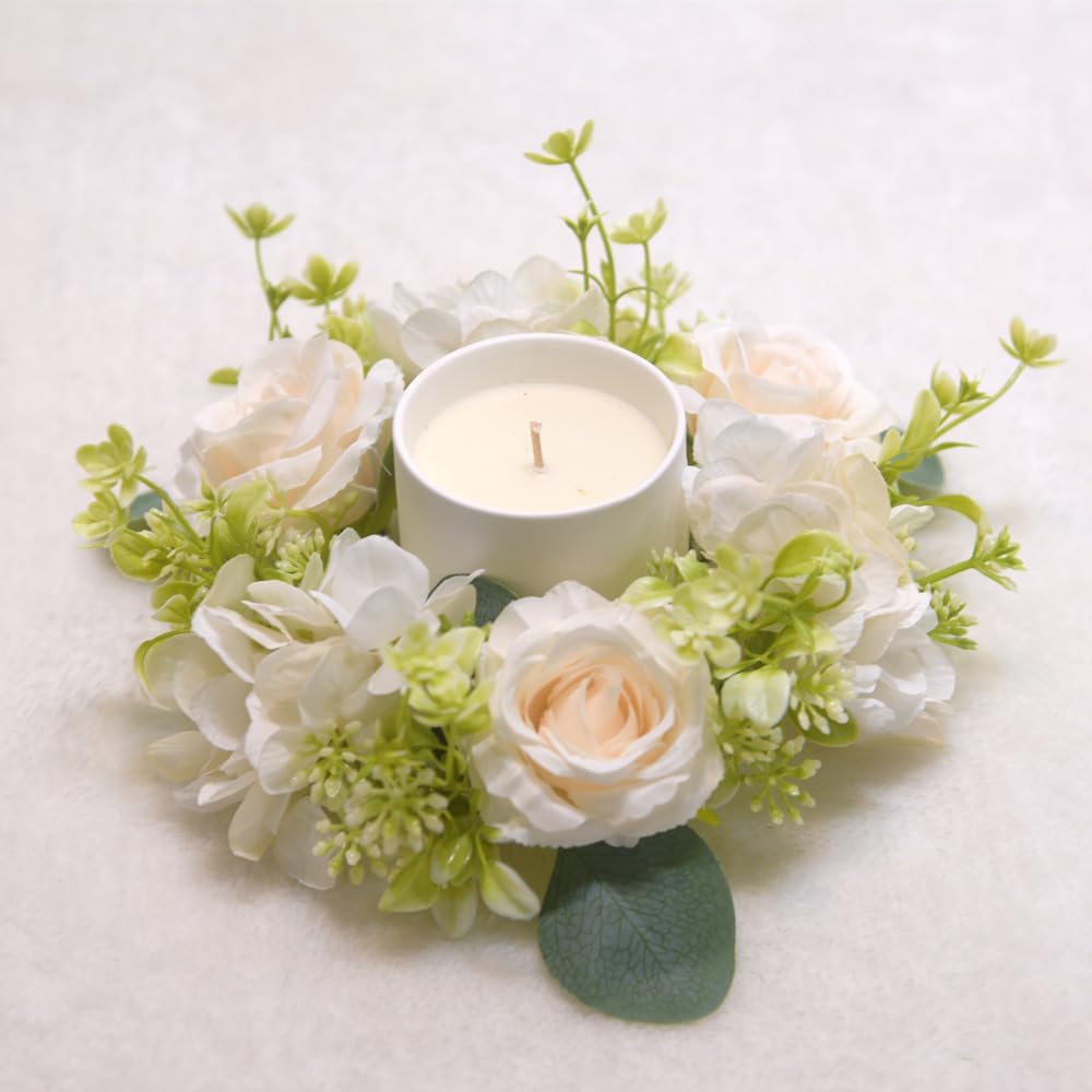 4 ghirlande di ortensie artificiali, con anelli per candele, per Natale, matrimoni, casa, tavolo, feste, decorazione (bianco)
