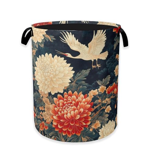 Image of Collapsible Laundry Basket,Retro Crane Dirty Clothes Hamper,Vintage Flowers Hampers for Bedroom Waterproof Oxford Cloth Storage Organizer for Bathroom,Nursery,Dorm,16x20 Inch