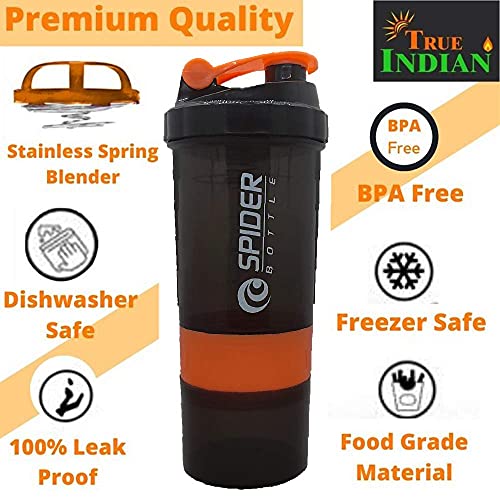 Image of Protein Shaker Bottle 500ml with 2 Storage Compartment Cup for Gym, Yoga, Hiking, Cycling, BPA Free Material. (Orange)