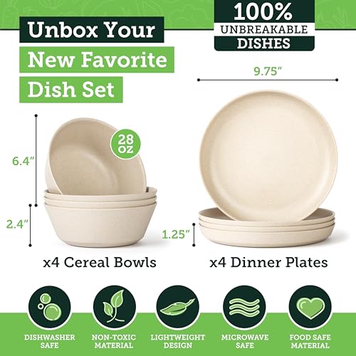 Grow Forward Premium Wheat Straw Plates and Bowls Sets - 8-Piece Wheat Straw Dinnerware Sets - Unbreakable & Reusable Microwave Safe Plastic Dinner Plates for Outdoors, RV, Camping Dishes - Sahara by Grow Forward - Image 2