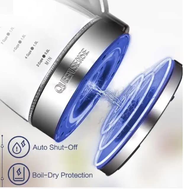 QUEENSENSE 1.7L 360° Base Rotacional Alta Stilbene Led-Light Hervidor de vidrio eléctrico 3
