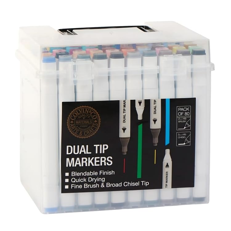 Colvin & Co 80 Dual Tip Markers Set, Brush & Chisel Tip Colouring Pens, Quick Dry Alcohol Markers Brush Tip for Drawing, Sketching & Adult Colouring Markers