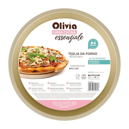 Teglia da Forno Tonda Ø22 cm x H 2,8 cm – Acciaio al Carbonio con Rivestimento Antiaderente, Bordo Rinforzato