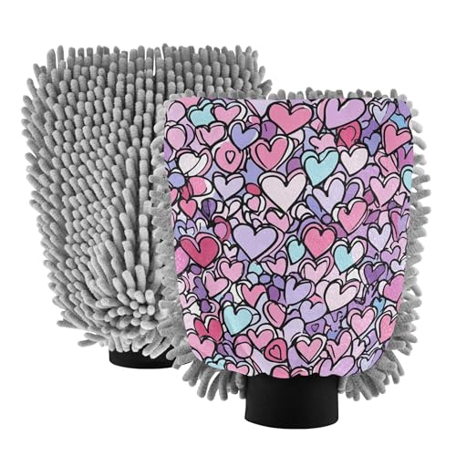 Cartoon Cute Love Hearts Wash Mitt Microfiber 2 Pack Car Washing Gloves Non Scratch Clean Sponges for Hand Brush Cleaning