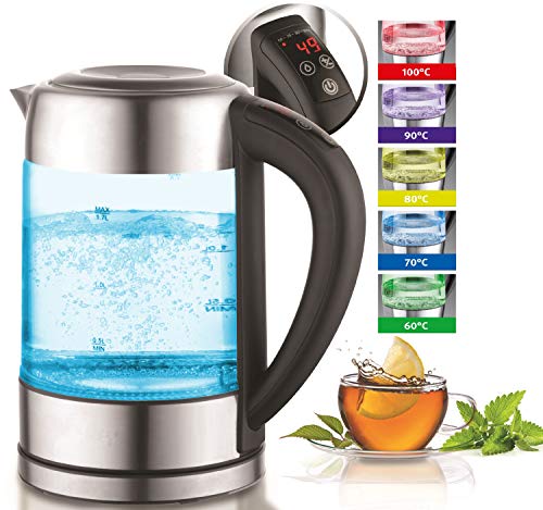 Glas Wasserkocher 1,7 Liter | 2200 Watt | Edelstahl mit Temperaturwahl | Teekocher | 100% BPA FREI | Warmhaltefunktion | LED Beleuchtung im