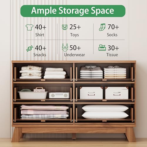 Image of Xixini Fluted Dresser for Bedroom with 6 Drawers, 48 inch Wide Modern Chest of Drawers with Metal Handle, Wooden Dresser TV Stand, Wood Closet Clothes Storage Organizer for Living Room, Hallway, Walnut
