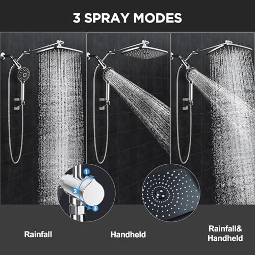 Image of Veken 11.8 inch Rain Shower Head with Handheld, High Pressure Handheld Shower with Multi Spray Modes, Rainfall Combo with 15 inch Metal Extension Arm, Detachable Dual Shower and Power Jet, Chrome Silver