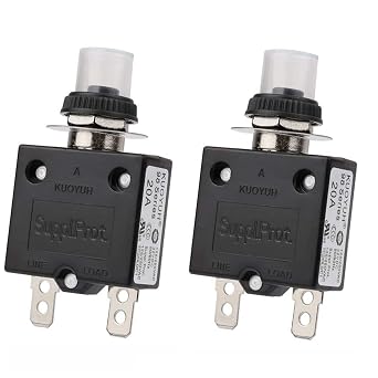 Clyxgs Thermal Circuit Breaker, 20 Amp Push Button Manual Reset Circuit Breaker 32V DC 125/250VAC 50/60Hz with Quick Connect Terminals and Waterproof Button Transparent Cap 2Pack