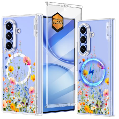 Shecaset for Galaxy Z Fold 7 Case,[Compatible with MagSafe][Built-in Screen Protector],Hard PC Hinge Protection Slim Fit Shockproof Girls Case for Samsung Galaxy Z Fold 7,Clear Flower