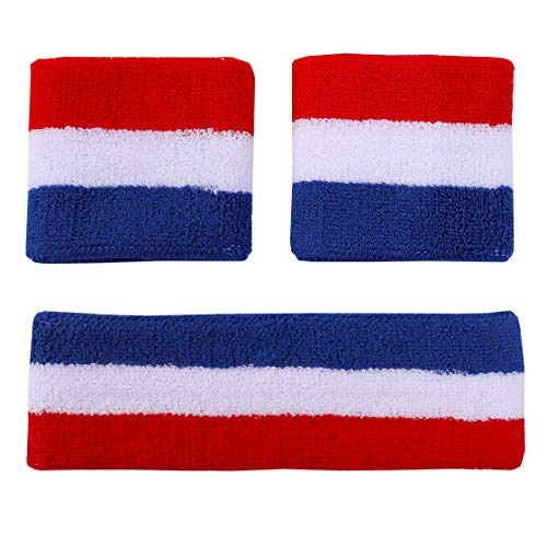 3 Pieces Sweatbands Set Includes Sports Headband and Wrist Sweatbands Cotton Three-Colour Striped Sweat Band for Athletic Men and Women Running Cycling Tennis Football Basketball