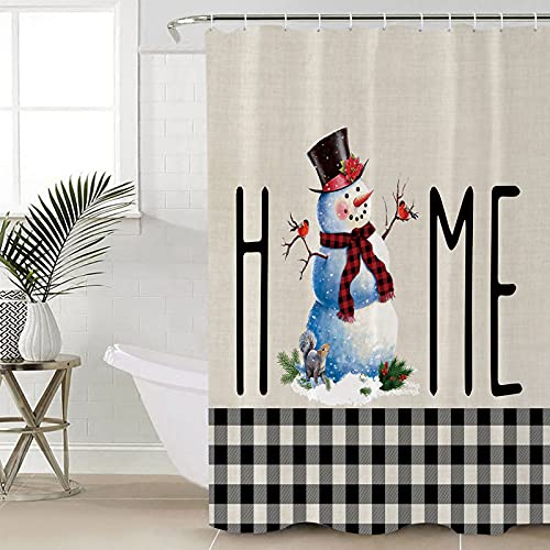 Home Collection Dh Fabric Shower Curtain,Christmas Snowman Black White Buffalo Plaid Linen,Waterproof Curtain Set,Machine Washable Bath With Hooks, 183X183Cm #TOP3