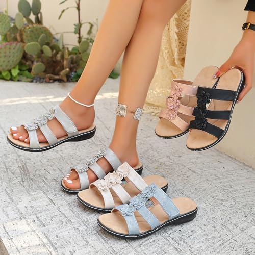2025 Women's Floral-embellished Slip on Sandals, Summer Lightweight and Comfortable Non-slip Low-heeled Orthopedic Sandals with Arch Support2
