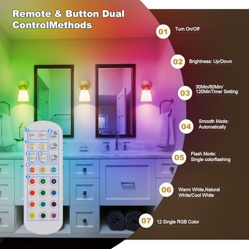 Image of Battery Operated Frosted Glass Wall Sconces Set of Two, Rechargeable Wall Lamp 3 Color Temp & 12 RGB Colors Wireless Battery Powered for Bedroom Living Room with Remote