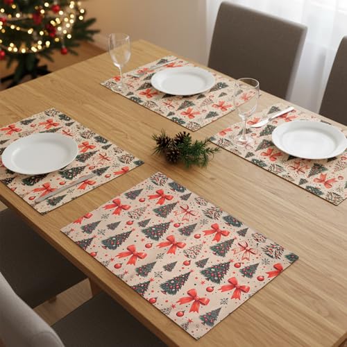 Image of Dining Table Mats Set of 4 with 135 cm Runner - Christmas Tree Red Bow Theme,Digital Print, Washable, Indoor /Outdoor, Heat-Proof, Wipe & Clean (47X33 cm) Olive & Green