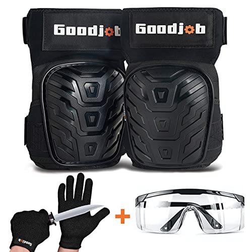 Knee Pads for Work 3-in-1 Set - Goodjob Premium Heavy Duty Knee Pads With Comfortable Gel Cushion, Strong Elastic Straps, Professional Cut Resistant Gloves and Safety Goggles.