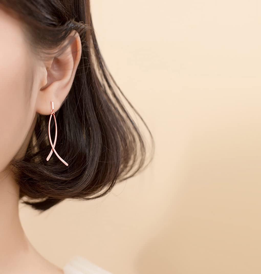 SLUYNZ Solid 925 Sterling Silver Shiny Bar Dangle Earrings for Women Teens Flat Bar Dangle Earrings Curve Line Earrings - Image 5