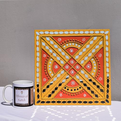 Image of Ethnics of Kutch Traditional Kutch Handicraft Mud-Mirrorwork Lippan Kam Wall Art (Water and Break Resistant) - Square (12 inch x 12 inch) - (Pink LKT-0288)