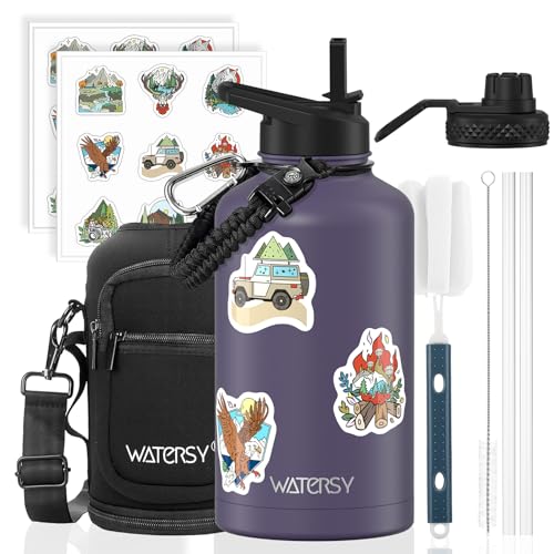 Image of 64oz Insulated Water Bottle (Cold for 48 Hrs),BPA Free&Leak Proof,Half Gallon Stainless Steel Water Flask,Water Jug with Straw Spout Lids for Gym,Hiking,Camping,Purple