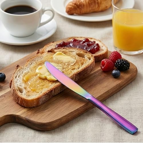 Image of 8.6 inch Rainbow Steak Knives Set of 4 - Food-Grade 18 /8 Stainless Steel Dinner Knives, Durable Mirror Polished Metal Silverware, Perfect for Home, Restaurant, and Gifting