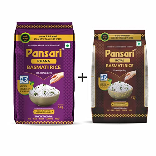 Image of Pansari Basmati rice Combo Royal & Khana, Great Taste and Mesmerizing Aroma | Long Grain, Naturally Aged(2-Years) with Fortified | Basmati Rice, Biryani Rice, Pulao Rice (5+1Kg)