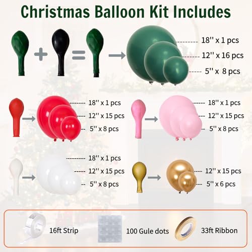 Image of Christmas Balloon Arch Kit - Green, Pink, Red, White & Gold Balloons | Double-Stuffed for fuller color, Pink Xmas balloon arch for Merry Christmas party decorations