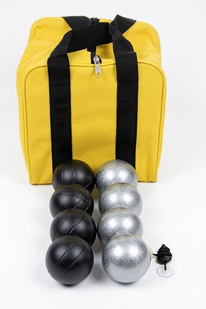 BuyBocceBalls Listing - 73mm Metal Bocce/Petanque Set with 4 Black and 4 Grind Sand Balls and Heavy Duty Yellow Nylon Bag - Single
