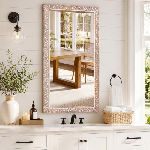 Image of Rustic Solid Wood Wall Mirror - Bathroom Vanity Mirror, Farmhouse Decorative Mirror for Home, Vertical & Horizontal Hanging, Wood Finish 48x24x1.25 inch White Antique