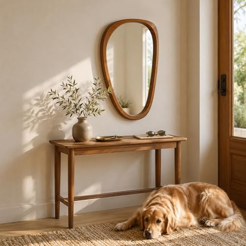Image of Solid Wood 30 inchx20 inch Warm Walnut Organic Irregular Wall Mirror Decor | Warm grain and asymmetrical shape suit Japandi, Boho, organic decor, entryways, powder rooms, bedrooms, apartments