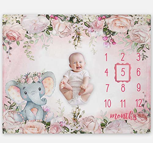 Image of Popfavors Yuzioey Baby Girl Monthly Milestone Blanket, Floral Elephant Month Blanket for Newborn Baby Shower, Pink Elephant Girl Flower Blanket Growth Chart Monthly Blanket, Includes Marker (50x40)