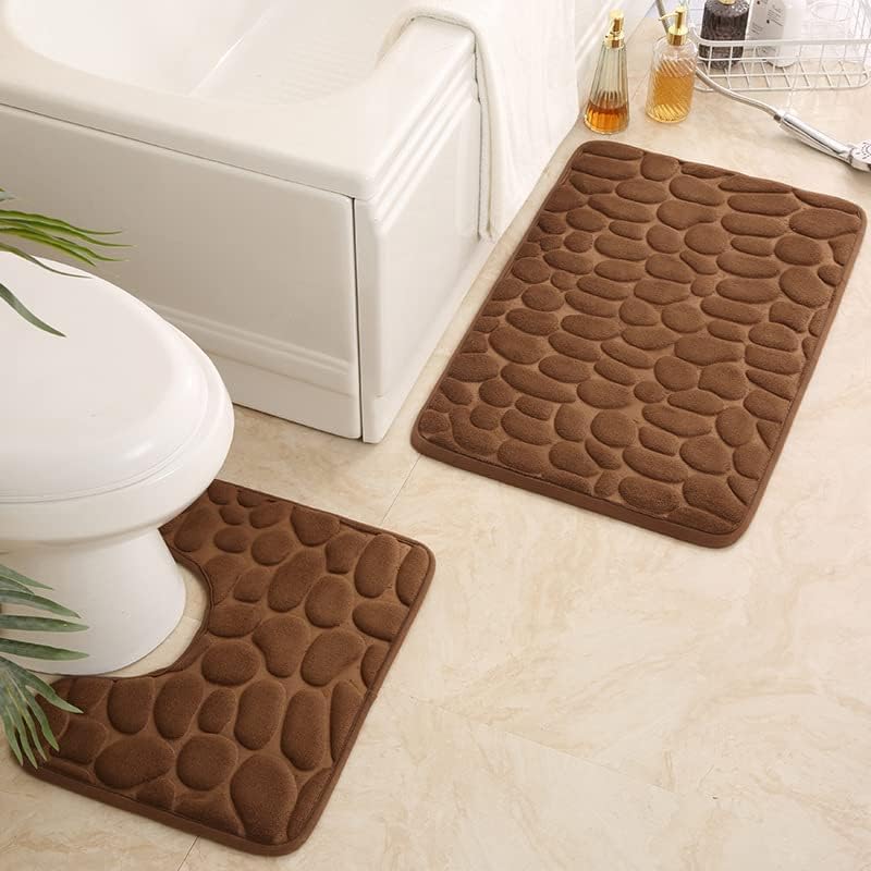 Miniatura 2 de Tapete de baño antideslizante de 19.7 x 31.5 in y tapete de inodoro de 19.7 x 15.7 in, juego de 2 alfombras de baño suaves con patrón de adoquines,