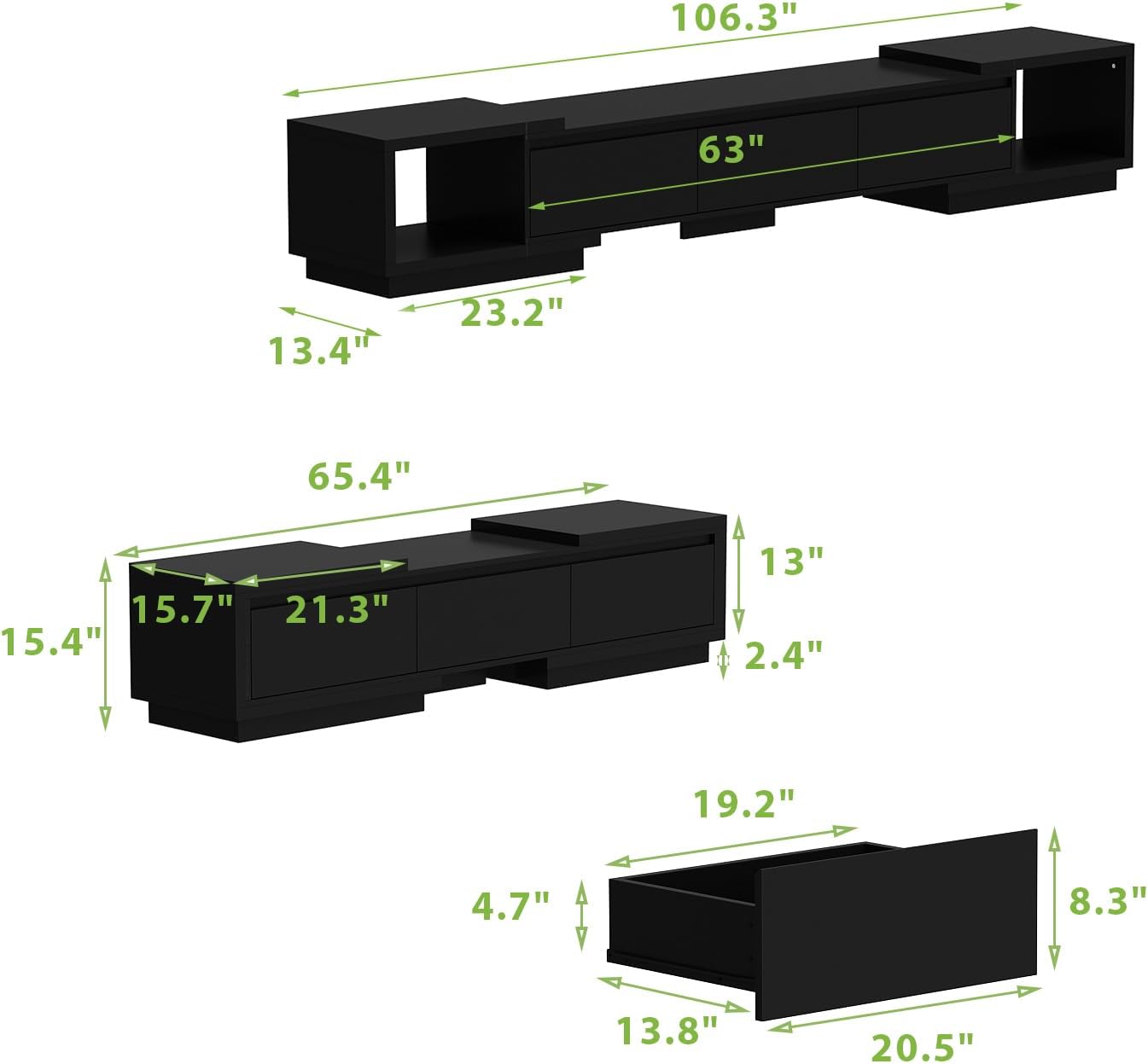 Timechee Black TV Stands for Living Room, Extendable Under TV Table Stand Cabinet with Drawers, Entertainment Center with Storage, Modern Entertainment Media Console Center for Living Room